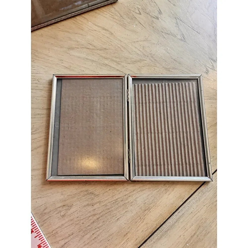 2 Vtg Mid Century Gold Tone Metal Picture Frame Single & Bifold Hinged 70s Set 2